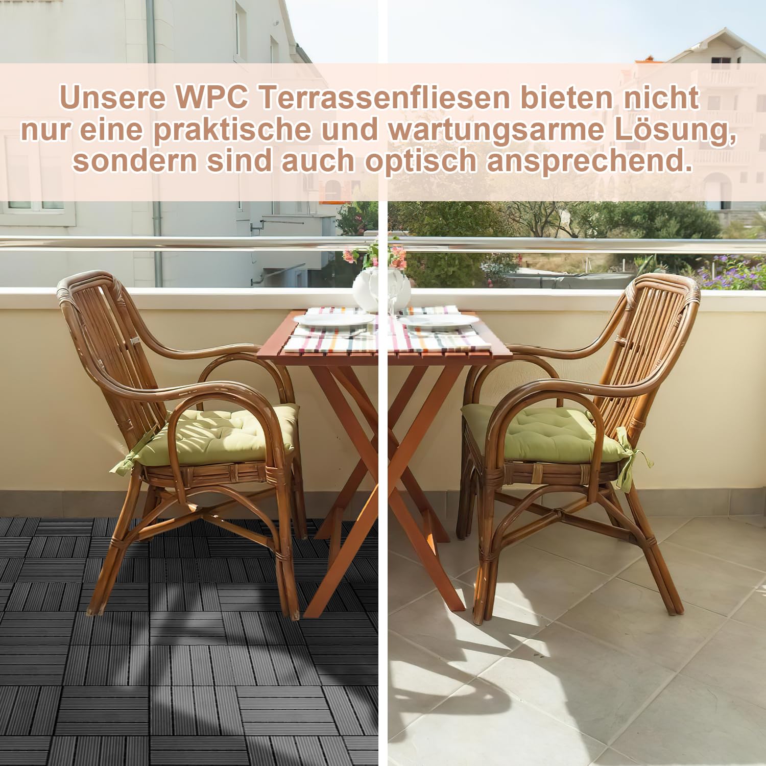 Confezione da 33 piastrelle in legno WPC, 30 x 30 cm – 3 m². Ideale per esterni, piastrelle a scatto, per balcone, giardino e terrazza, installazione semplice, veloce e pratica