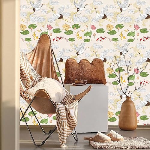 Miniatura 2 de Papel tapiz de 18 x 236 pulgadas, diseño de grúa asiática, flor de loto, papel de contacto fácil de despegar, vinilo vintage, autoadhesivo,