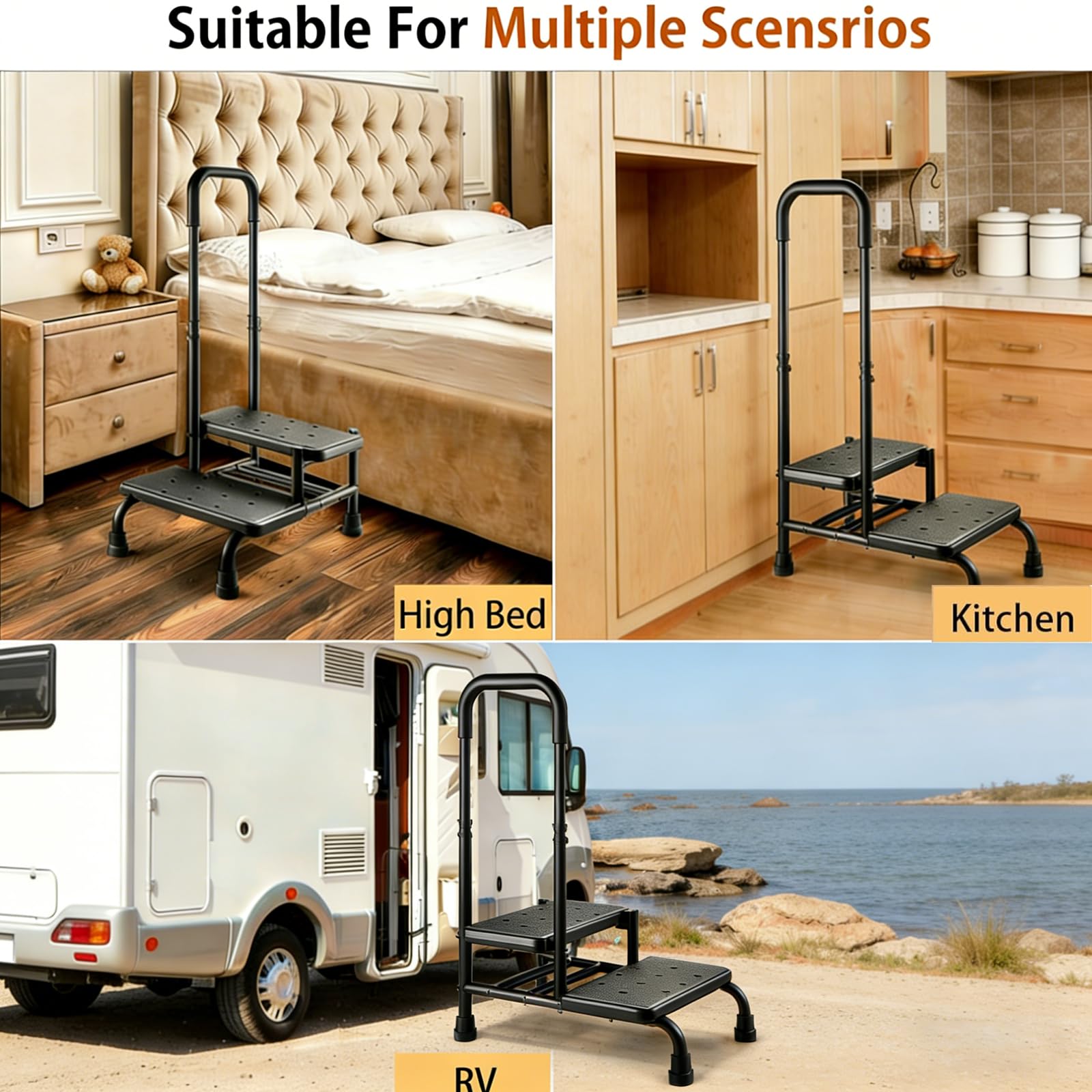 Taburete con asa, plataforma antideslizante y pasamanos ajustable, taburete de 2 escalones para personas mayores, adultos y discapacitados, taburete resistente para camas altas, cocina, bañera, 350