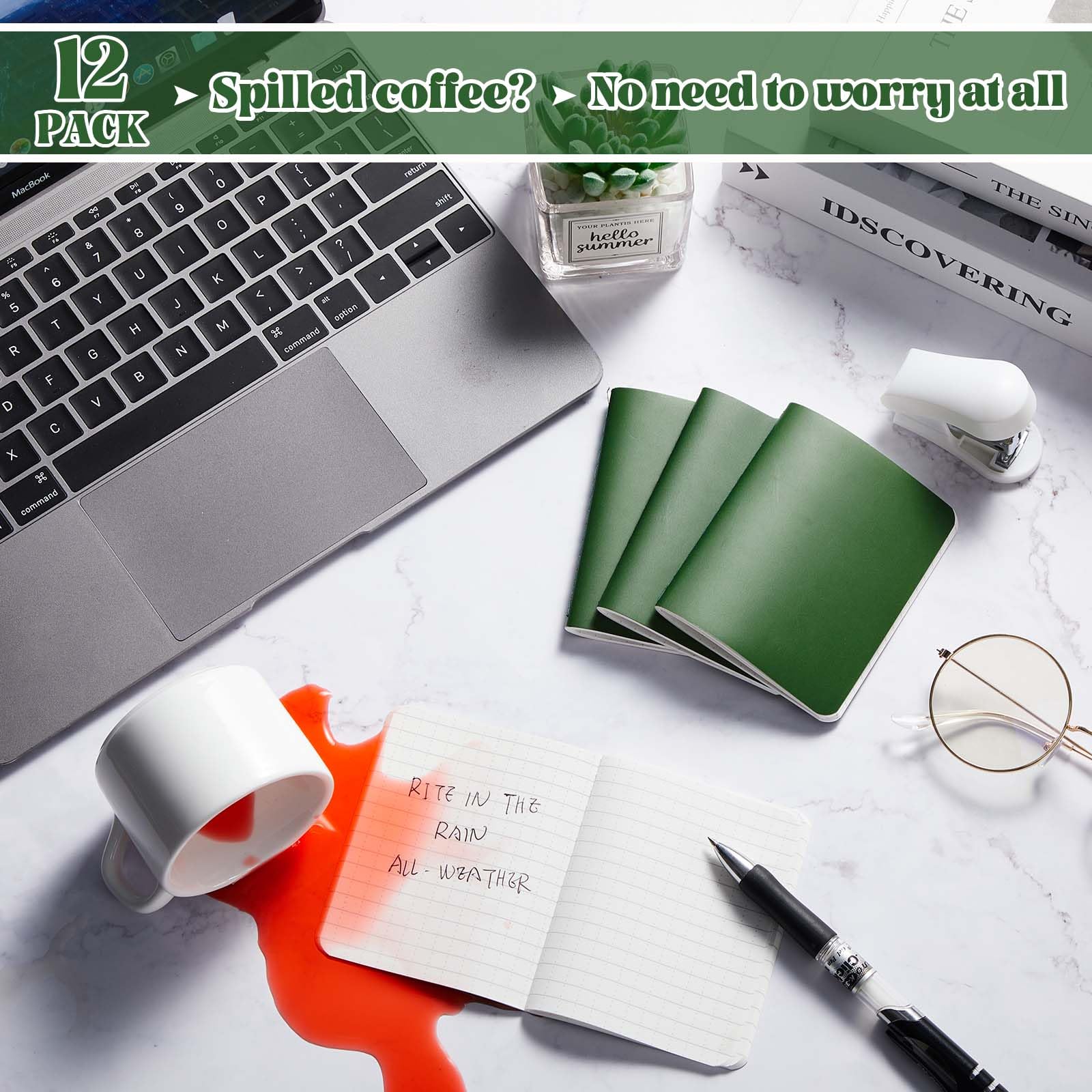 Qeeenar 12 Pcs Waterproof Pocket Notebook 3.2" x 4" Field Notebook Green All Weather Notepad Small Rain Waterproof Notepad for Memo Travel Outdoor Tactical Activities Write, 32 Sheet, 64 Page - Image 4