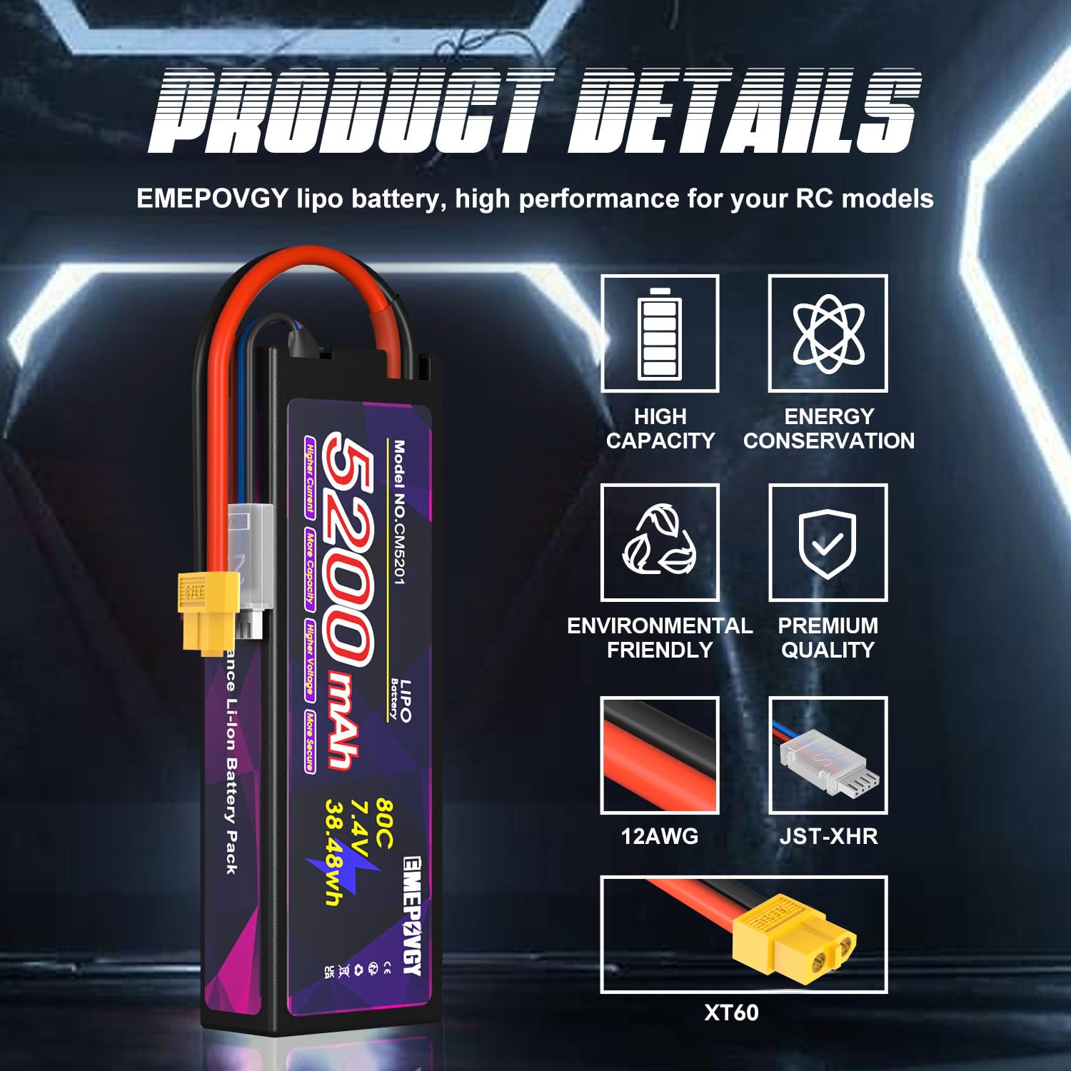 Batteria Lipo da 7,4 V 2S 5200 mAh 80C Lipos custodia rigida con connettore XT60 per auto RC camion 1/8 1/10 RC veicoli (2 confezioni)
