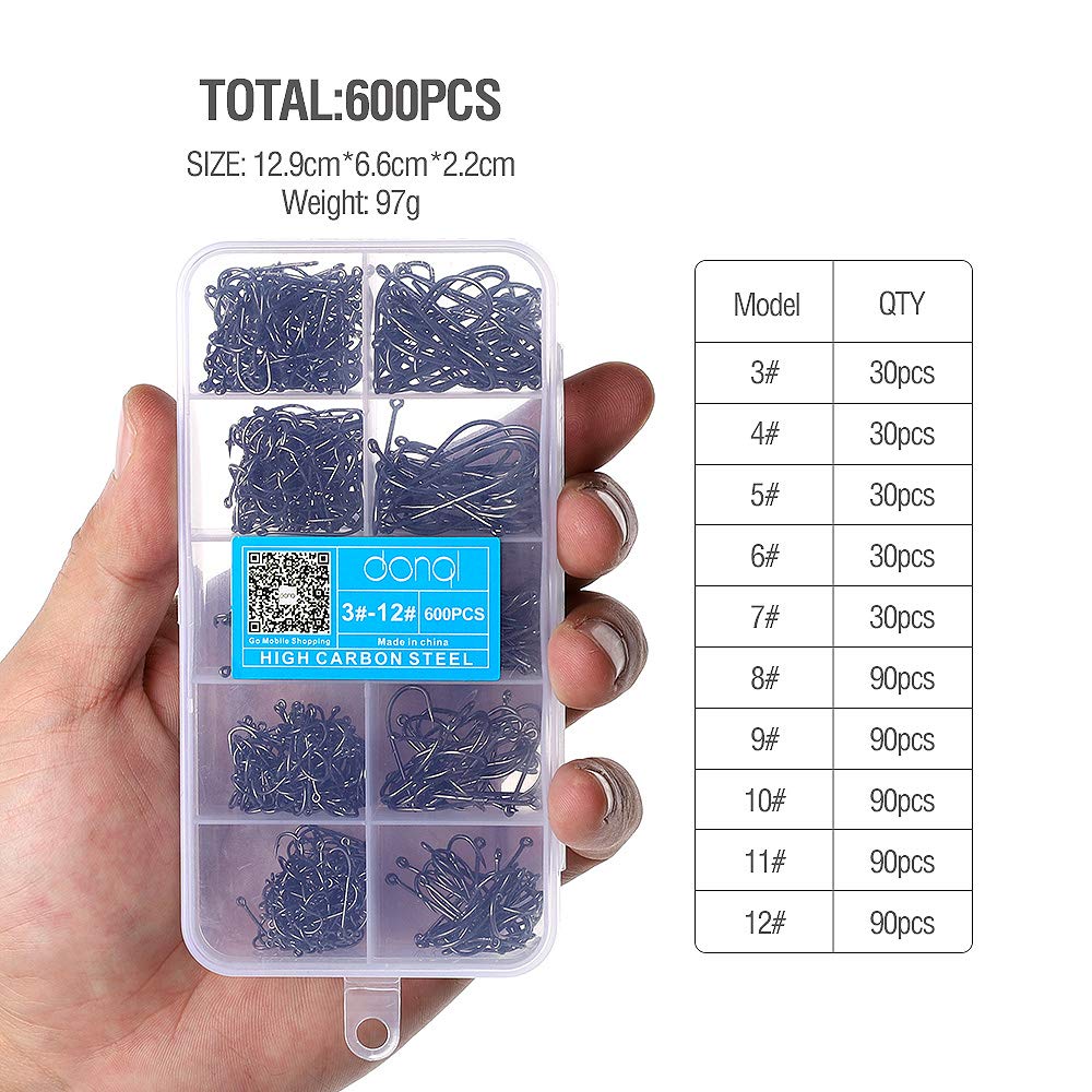 DONQL Barbed Fishing Hooks 3#-12# Carp Single Fish Hook Set Fly Fishing Accessories Carbon Steel Jig Sea Hooks (600PCS)