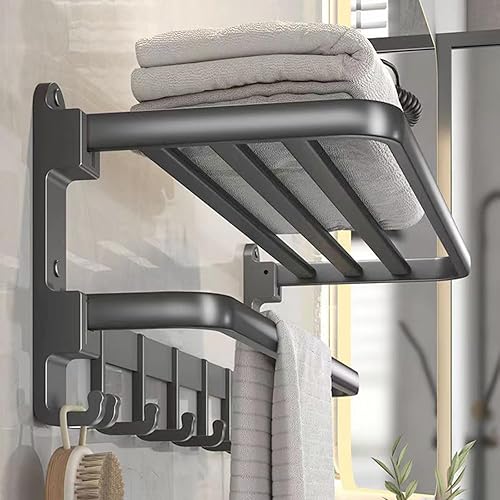 Yariwiz Toallero gris montado en la pared, sin taladro ni tornillo, longitud de la ducha del baño de 24 pulgadas, barra de toalla doble con estante