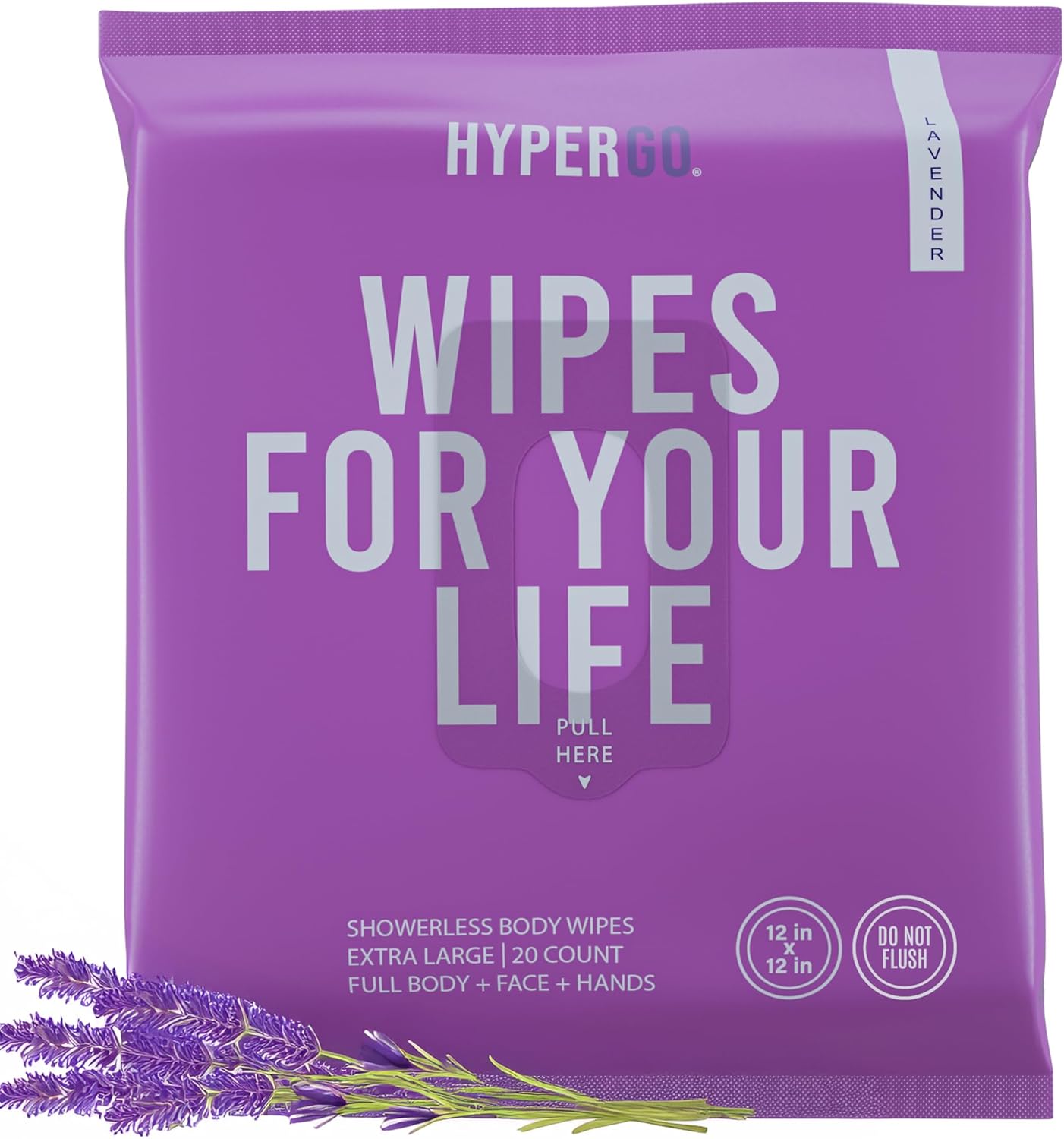 HyperGo XL Body Wipes for Women & Men – 12" x12" Rinse-Free Full Body Cleansing Wipes 20 Count Pack - Lavender | Biodegradable, Hypoallergenic, Aloe-Infused | Gym, Festival, Camping Essentials