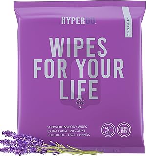 HyperGo XL Body Wipes for Women & Men - 12" x12" Rinse-Free Full Body Cleansing Wipes 20 Count Pack - Lavender
