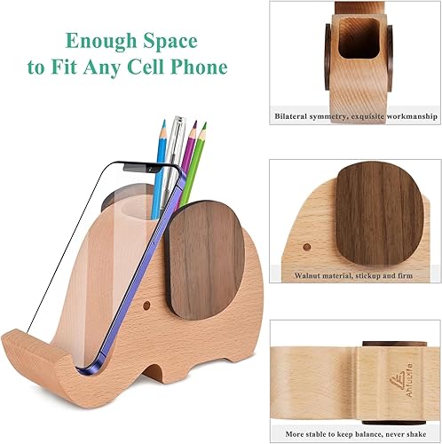 Miniatura 3 de AhfuLife Soporte para teléfono celular de elefante de madera con soporte para bolígrafo y lápicesolla, decoración de escritorio, organizador de
