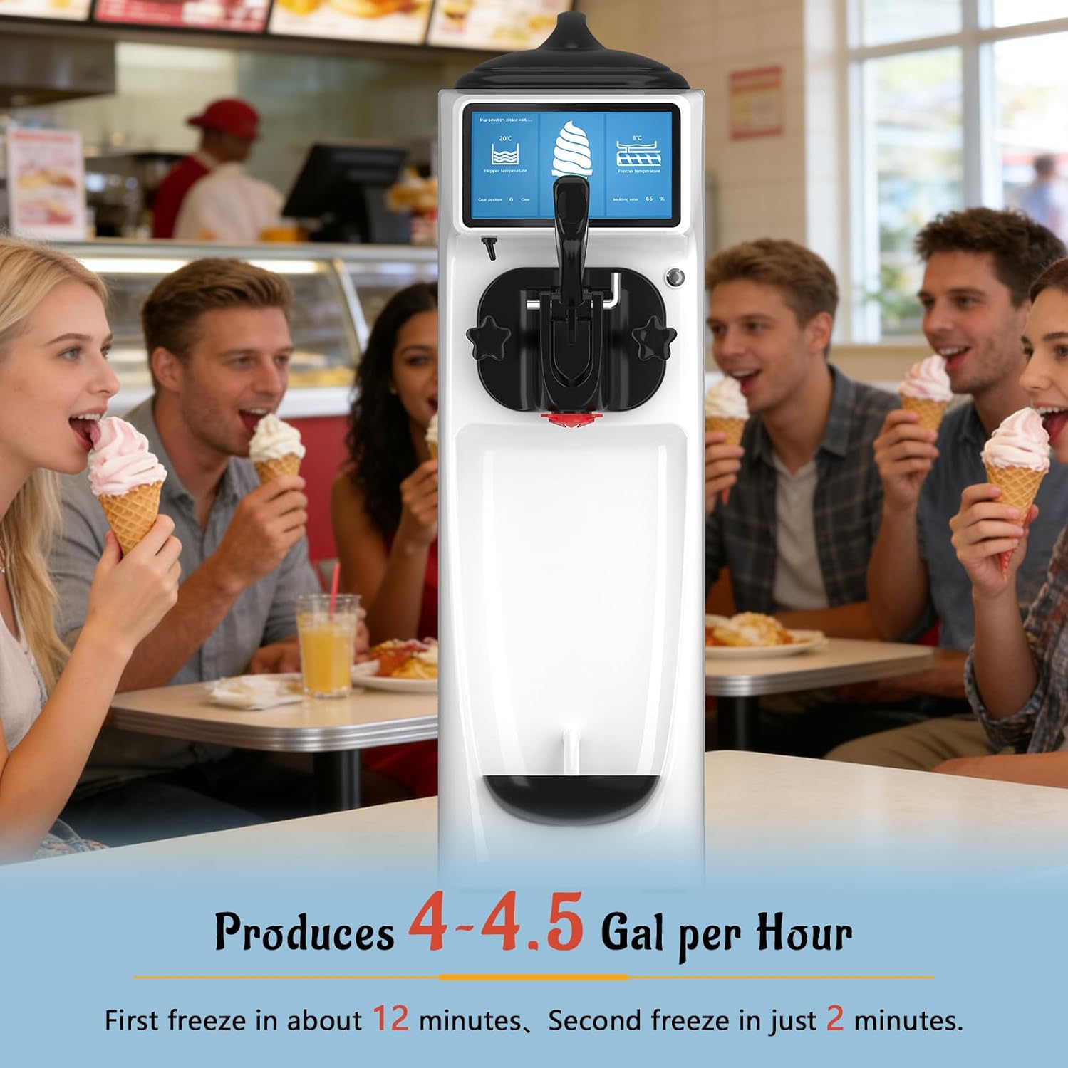 Soft Serve Ice Cream Machine, 4 to 4.5 Gal/H Ice Cream Maker 7 Inch Screen Soft Serve Machine with Pre-Cooling & Fresh-Keeping, 6L Stainless Hopper, Enclosed Body for Home Party Café Store