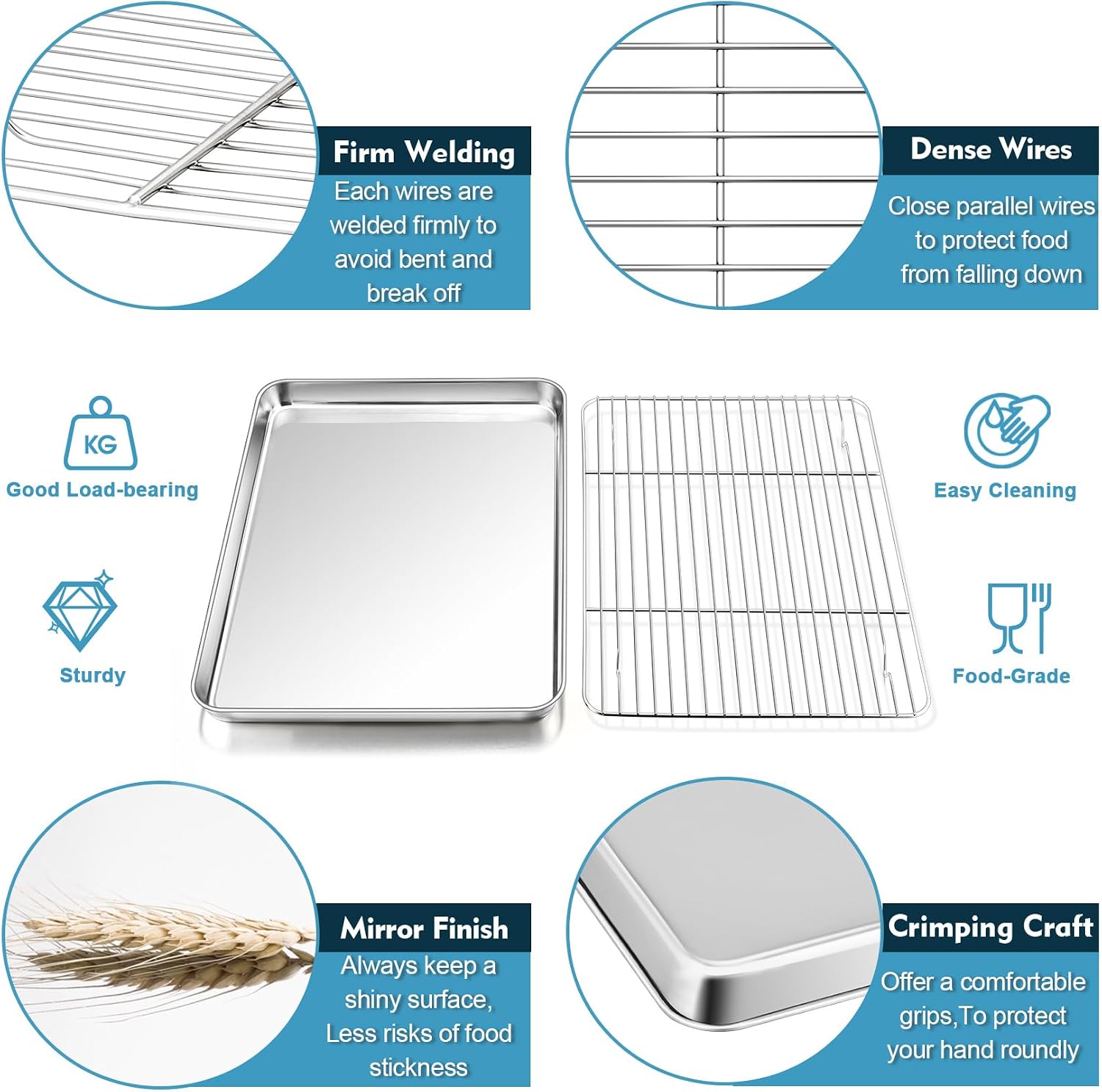 P&P CHEF 16 Inch Baking Oven Sheet Pan with Rack & Mat for Cookie, Stainless Steel Oven Sheet Tray Cooling Rack and Silicone Mat for Baking & Roasting, Dishwasher Safe & Healthy, 3Pcs