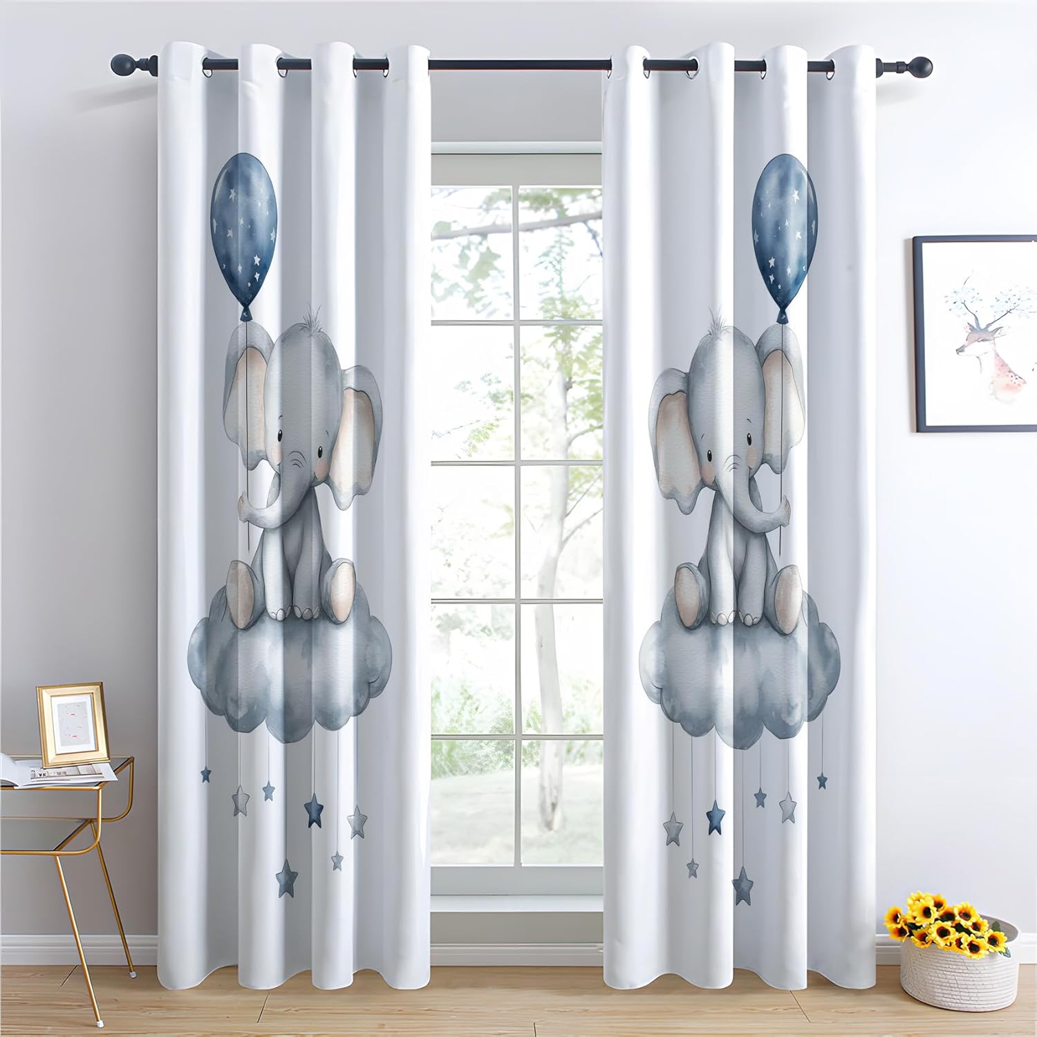 Kids Elephant Blackout Curtains for Bedroom Living Room, Thermal Insulated Room Darkening Grommet Drapes, Cartoon Animal Nursery Window Treatments & Home Decor, 63 Inch Drapes 2 Panel Set