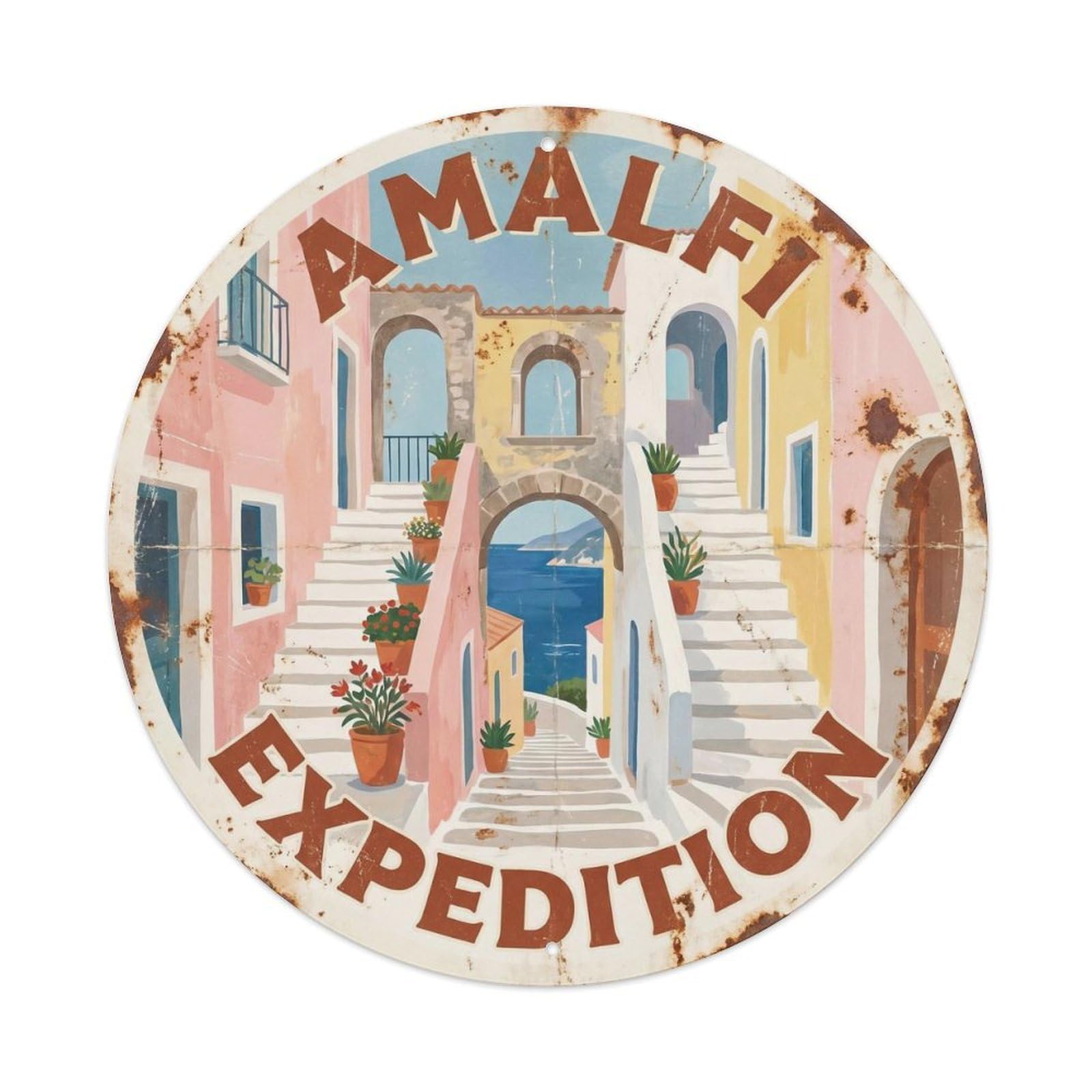 Retro Amalfi Winding Stairway Village Coastal Classic Metal Tin Sign Plaque Wall Decor for Cafe, Man Cave, Club Bar, Office, Home Garden Round Metal Poster 8x8Inch