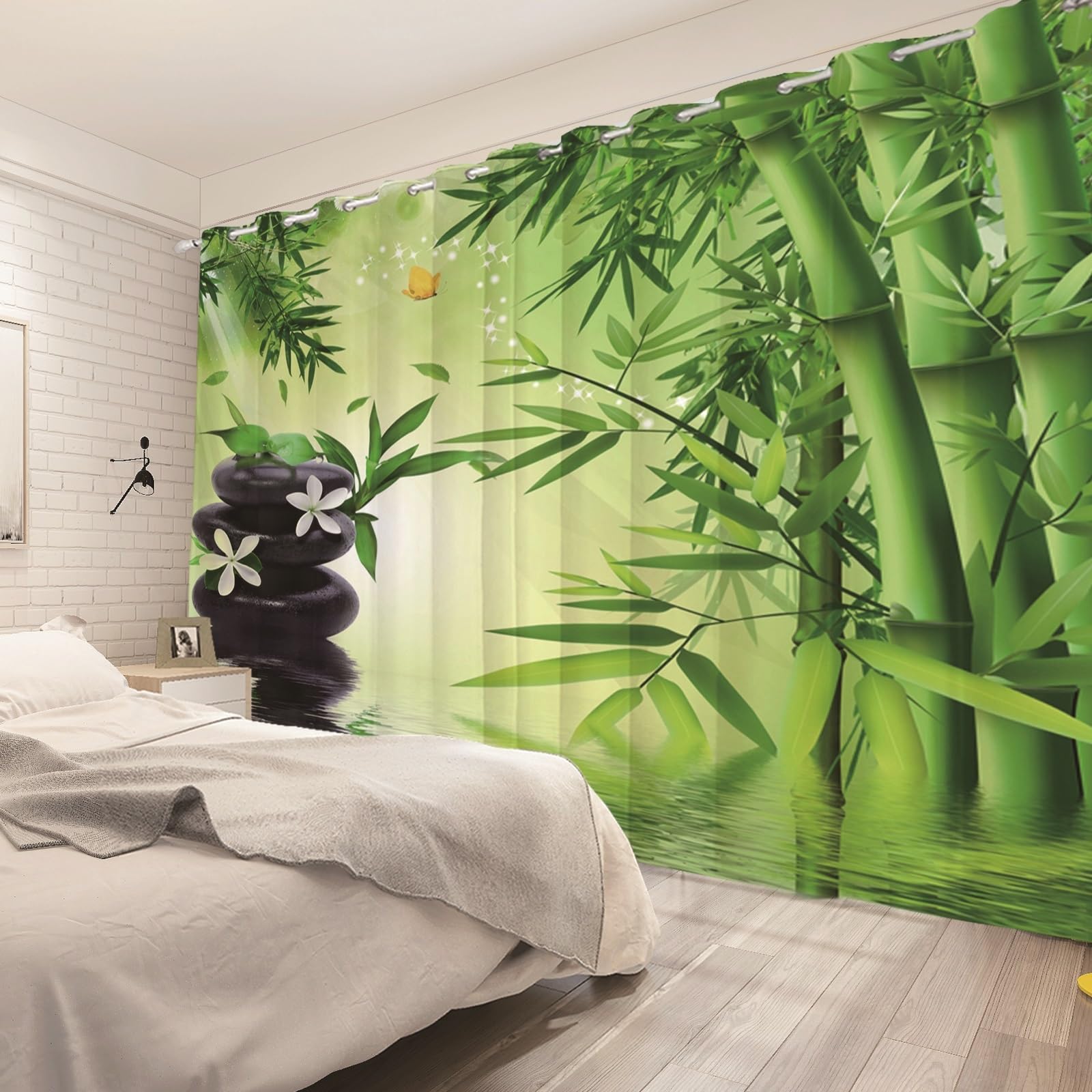 117x183cm SPA Yoga Cortina con Ojales Bambú Verde Primavera Clara Guijarros Flores Meditación Relajante Zen Biombos térmicos Opacos Cortinas para Ventanas Dormitorio Sala de Estar,2 Panel