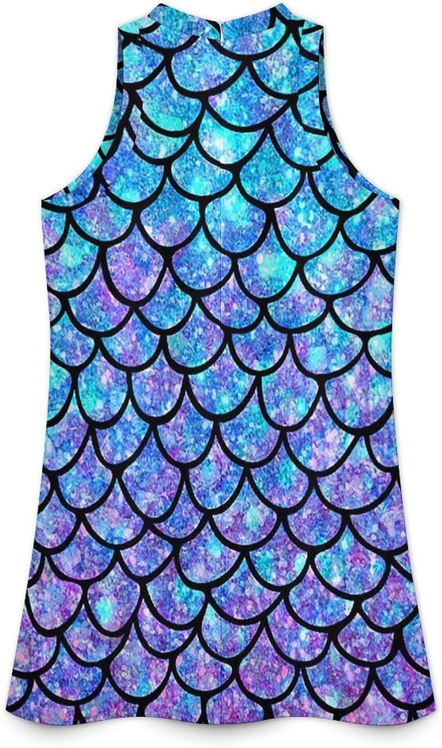 Ombre Mermaid Teal Purple Pattern Women's Sleeveless Dresses Round Neck Summer Mini Dresses Sundress