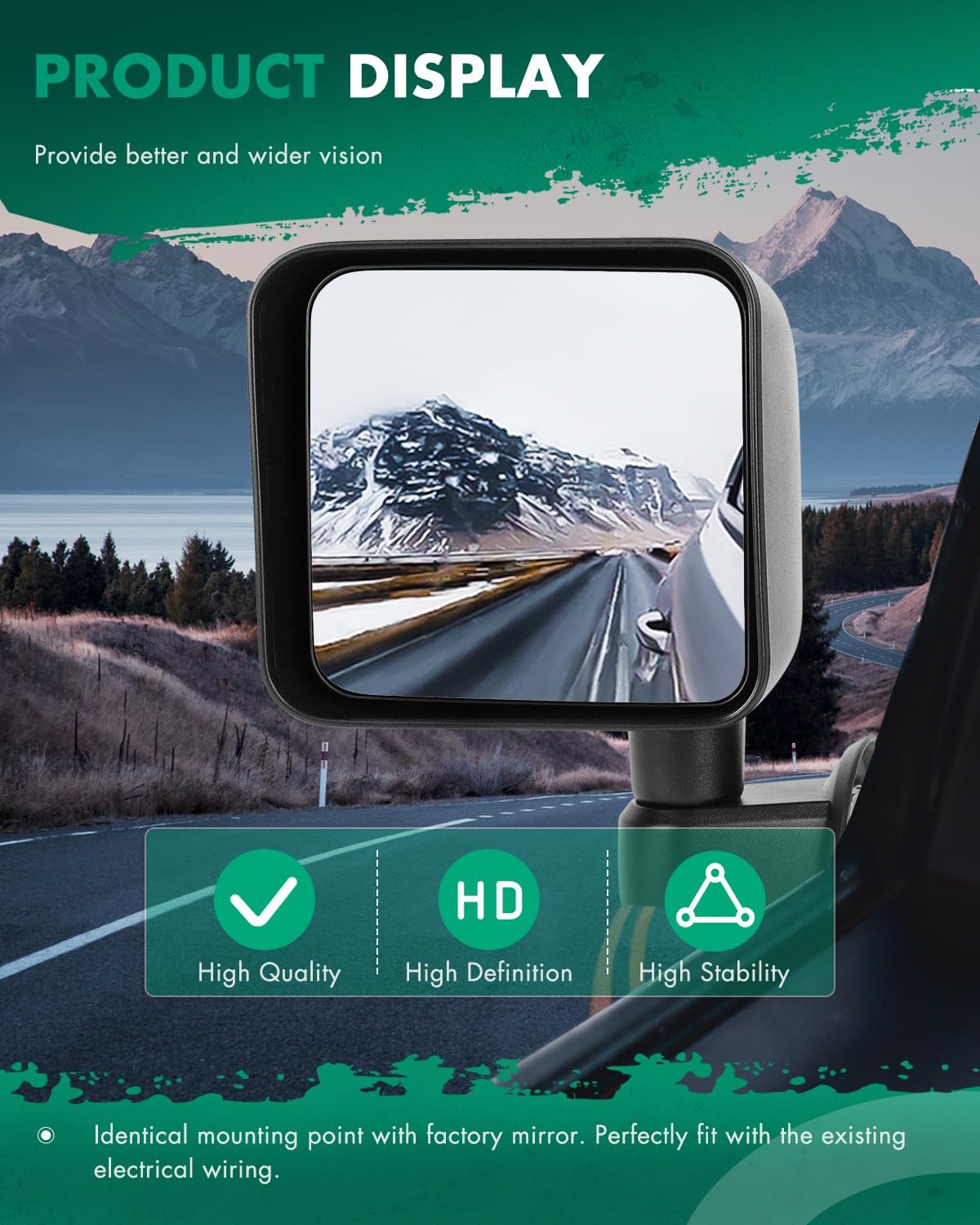 SCITOO Side View Mirror Driver Side Mirror Fit Compatible with 2007 2008 2009 2010 2011 2012 2013 2014 2015 2016 2017 For Jeep Wrangler Manual Adjustment Manual Folding Non-Heated