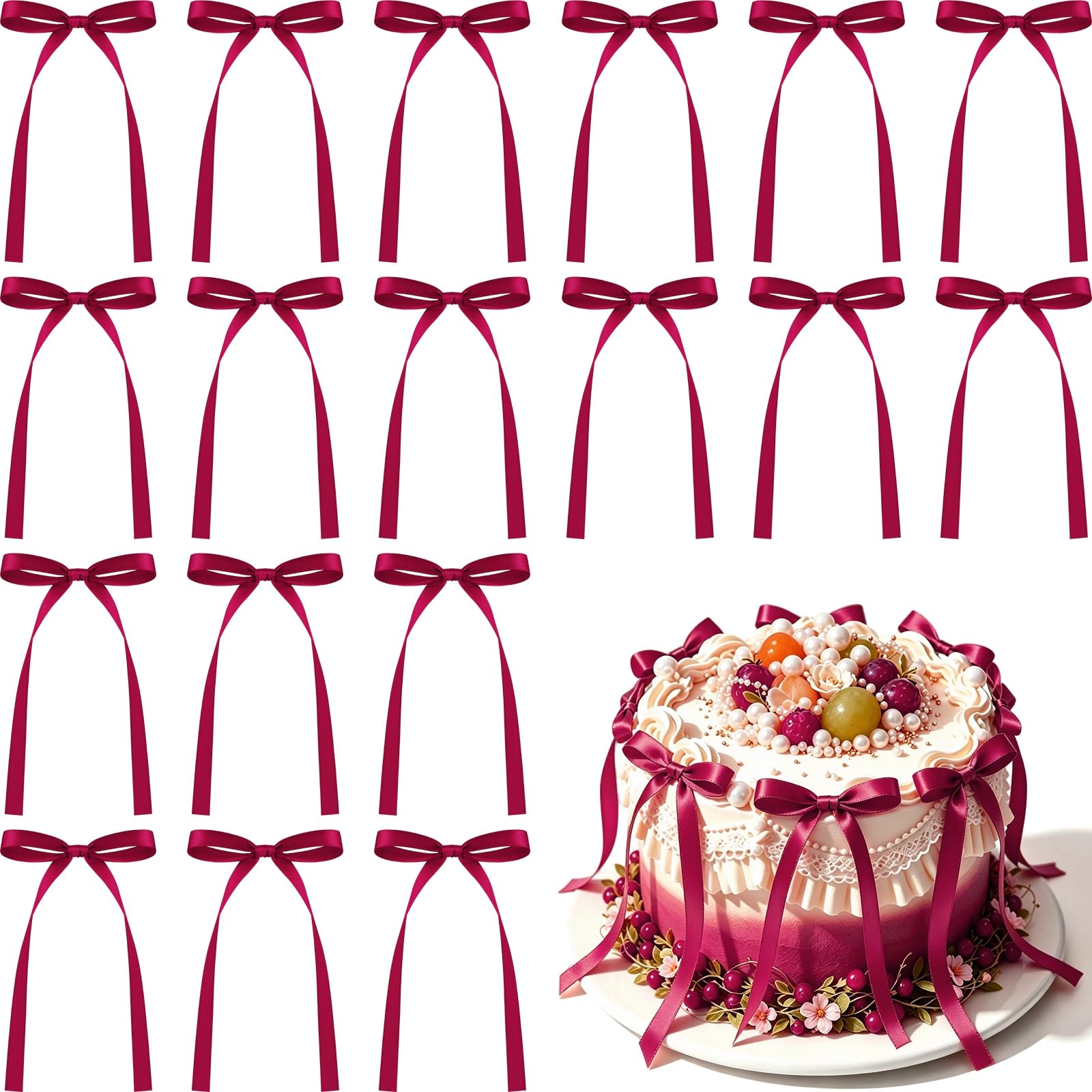 NEBURORA 50 Pcs Dark Red Bows for Cake Decoration Party Ribbon Bowknots