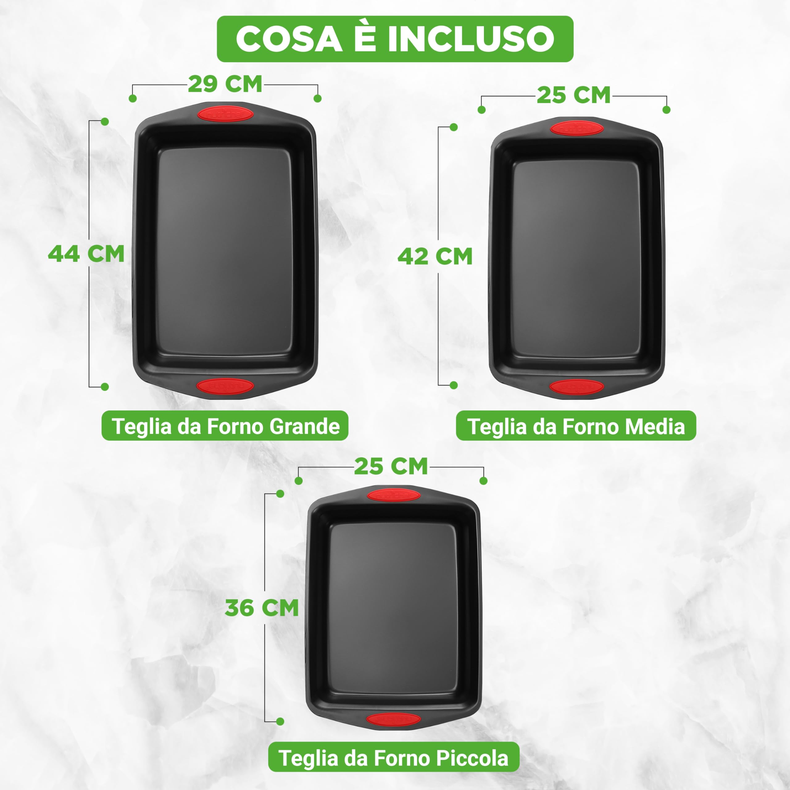 NutriChef 3 Pezzi Teglie forno Antiaderenti in Acciaio Carbonio con Manici in Silicone, Piccola, Media e Grande, Teglie da Forno per Biscotti, Dolci e Pane, Facili da Pulire