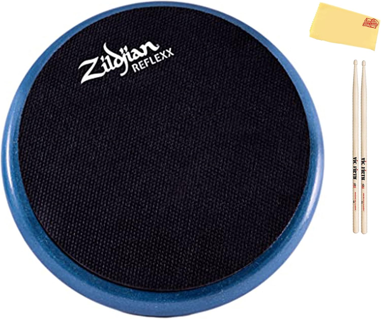 Zildjian 10-Inch Reflexx Dual-Sided Conditioning Practice Pad - Blue Bundle with Drumsticks and Austin Bazaar Polishing Cloth