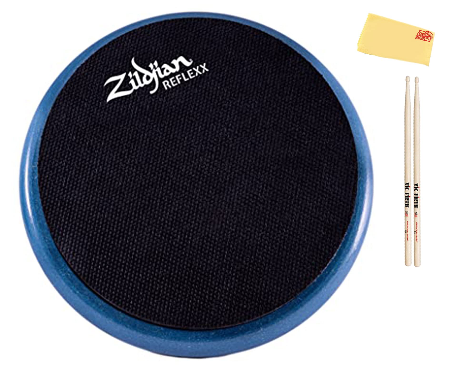Zildjian 6-Inch Reflexx Dual-Sided Conditioning Practice Pad - Blue Bundle with Drumsticks and Austin Bazaar Polishing Cloth