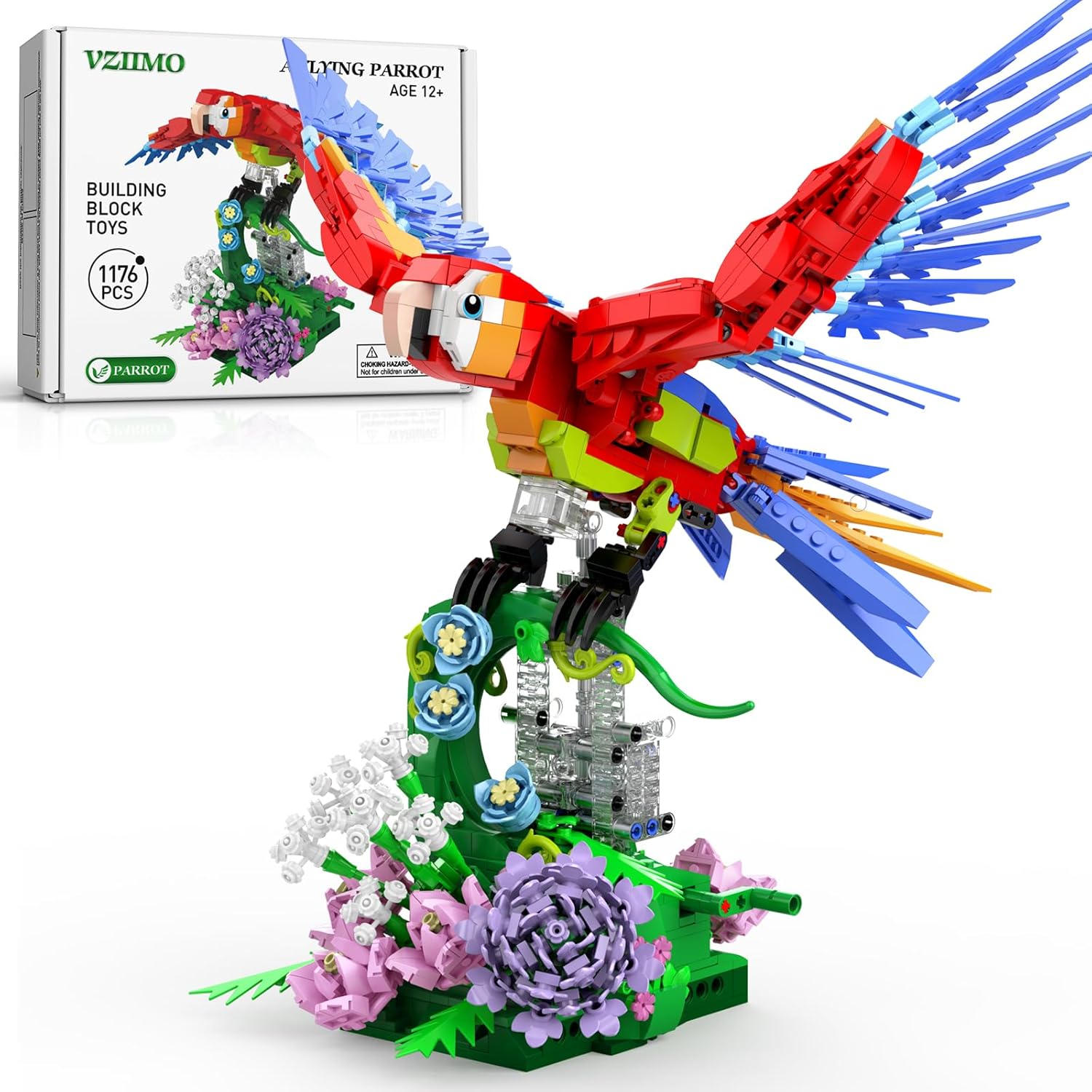 Parrot Building Sets Easter Rotating Flower Base 1176 PCS Mechanical Flapping Bird Model Creative Display Gift Christmas Birthday Ages 14+