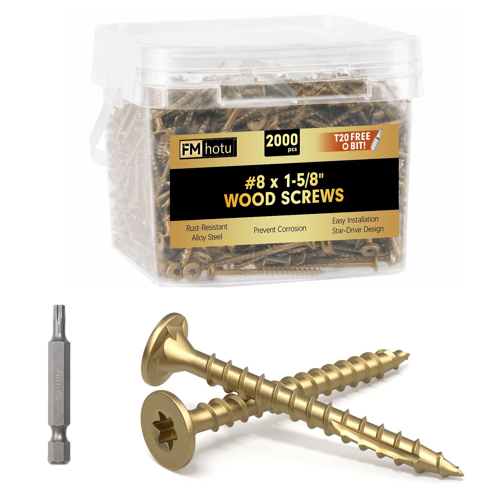 Photo 1 of #8 x 1-5/8” Deck Screws, 2000Pcs Star Drive Wood Screws, Rust Resistant Timber Screws for Timber/Log/Landscaping Wood, T20 Star Bit Included, Gold