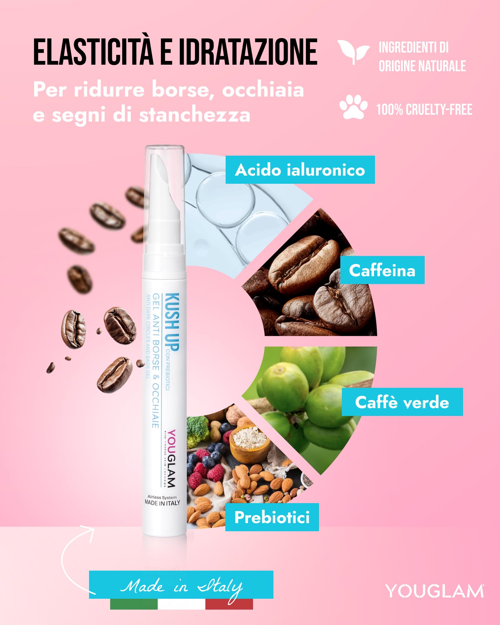 YOUGLAM Kush Up Azzurra – Contorno Occhi Crema Gel con Caffeina, Acido Ialuronico – Occhiaie, Borse – Idratante Rinfrescante Illuminante – Eye Cream 30 ml