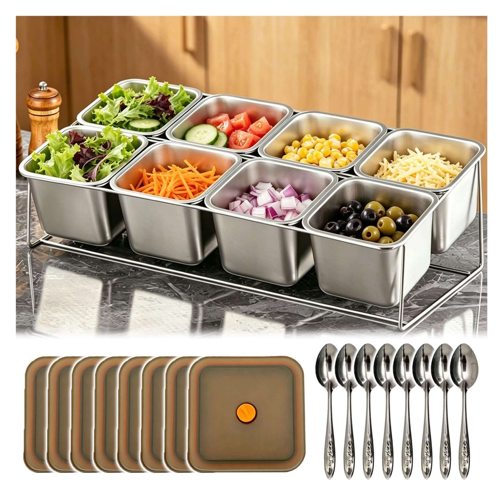 8-teilig Edelstahl Salatbar Mit Abnehmbaren Behältern, Profi Topping Bar Für Gastronomie Küche Und Food Prep Station Organizer