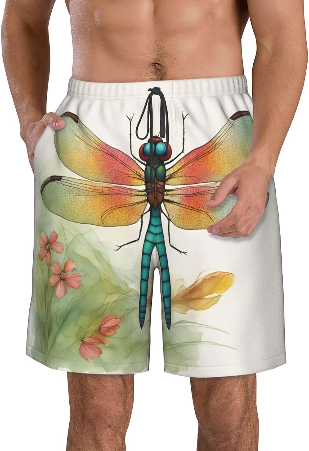 Colorful Dragonfly 1 Print Men's Quick-Drying Shorts Casual Beach Pants Stretch Waist Shorts and Pockets