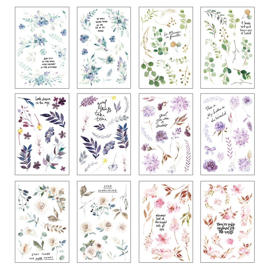 PSOWQ hojas de pegatinas para libros de recortes, plantas, pegatinas vintage de flores, diarios, pegatinas washi, transparentes, flores, pegatinas de transferencia primavera(12 piezas, 6 estilos)