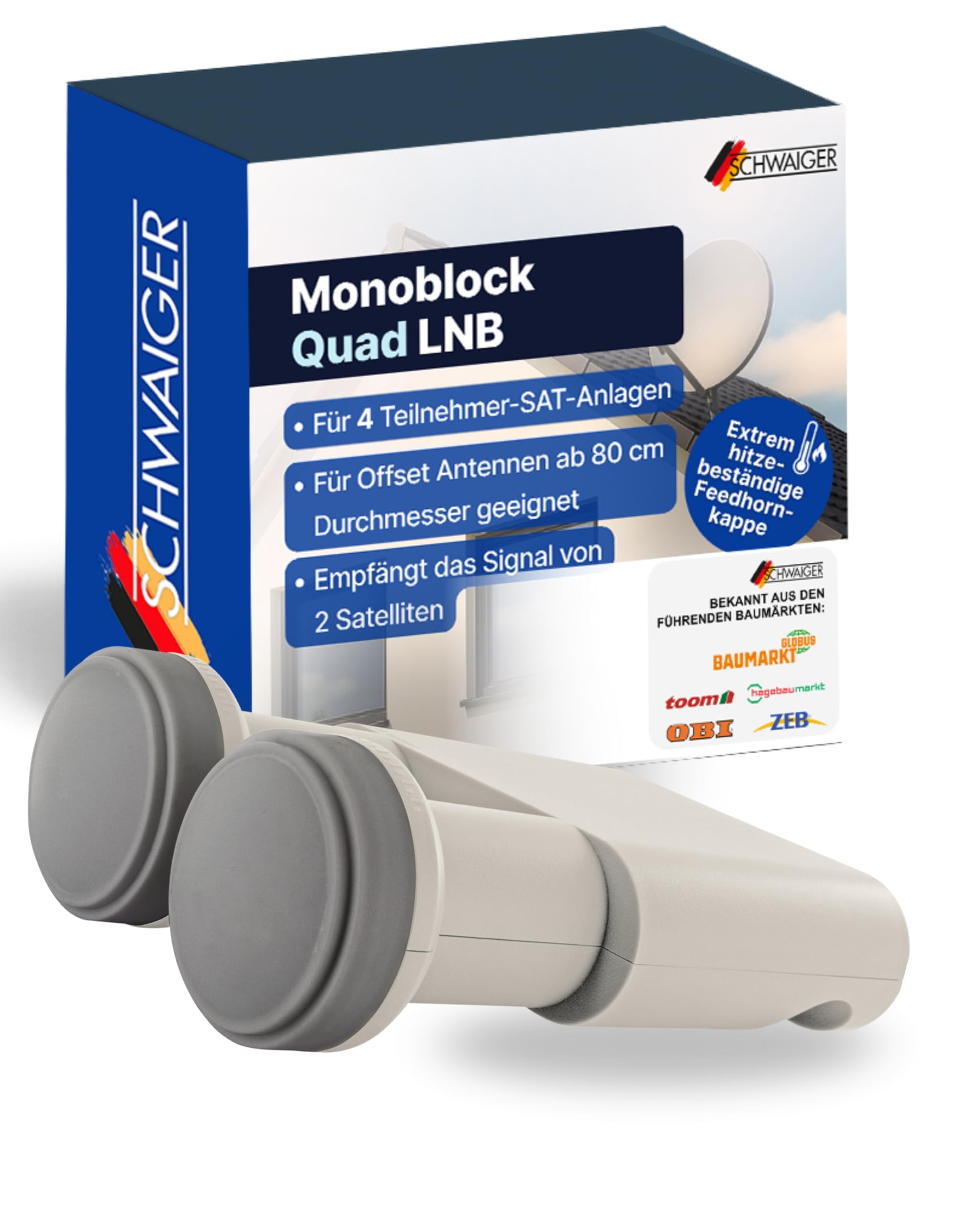 Schwaiger Monoblock Quad LNB I Low Noise Blockconverter für 4 Teilnehmer I für den Empfang von 2 Satelliten I witterungsbeständig & robust für störungsfreien SAT-Empfang I Satellitenschüssel-Zubehör