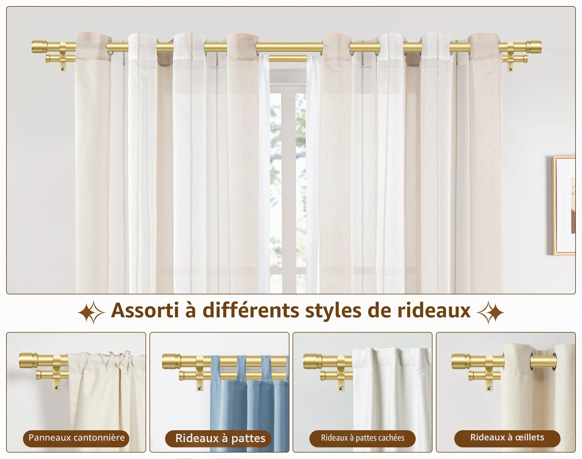 Double Tringle à Rideaux Or, HOTOZON 167-305 cm Tringle Rideau Extensible de 25 mm pour Rideaux à œillets, Tringle à Rideaux Réglable pour Fenêtres avec Embouts, Supportspour Chambre et Salon