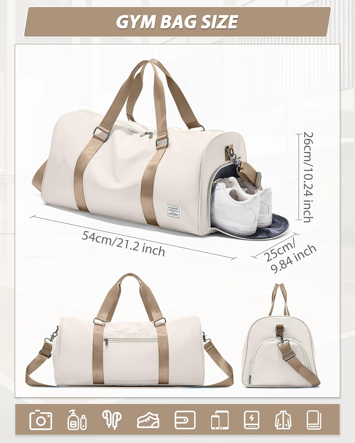 Gym Bag for Women Men with Shoe Compartment,Small Travel Duffle Bags for Traveling Overnight Weekender Bag Personal Item Travel Bag Large Sport Bag Workout Bag Beige Brown