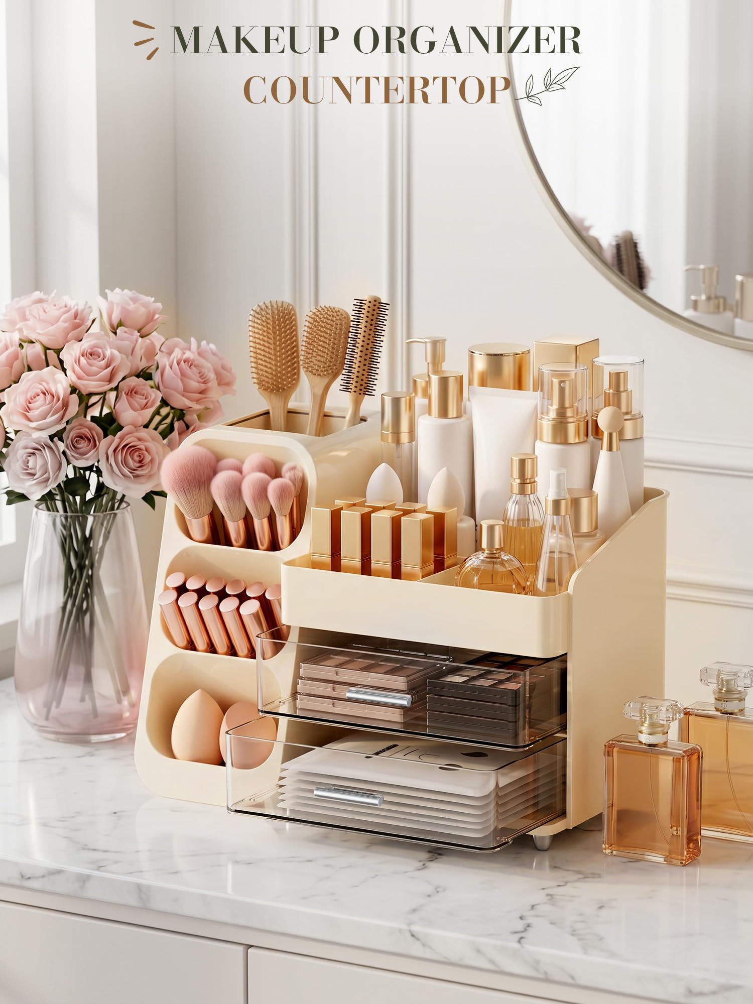 Make-up-Organizer mit Schubladen, großes Fassungsvermögen, für Schminktisch, Badezimmer und Schlafzimmer, Schreibtisch, Kosmetik-Organizer, einfache Aufbewahrung von Hautpflege, Pinseln,