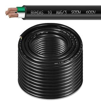 200ft 10/3 10 AWG Portable Power Cable 3 Conductor - SOOW 600V 10 Gauge Electric Wire for Generator, Portable Lights, RV/EV Car Battery Chargers and Machinery - 200 Feet Electrical Cord