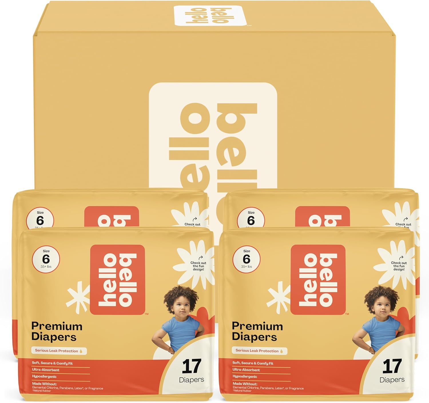 Hello Bello Diapers, Size 6 (35 lbs) Flower Child, 68 Count Value Pack of Premium Disposable Baby Diapers, Hypoallergenic with Soft, Cloth-Like Feel