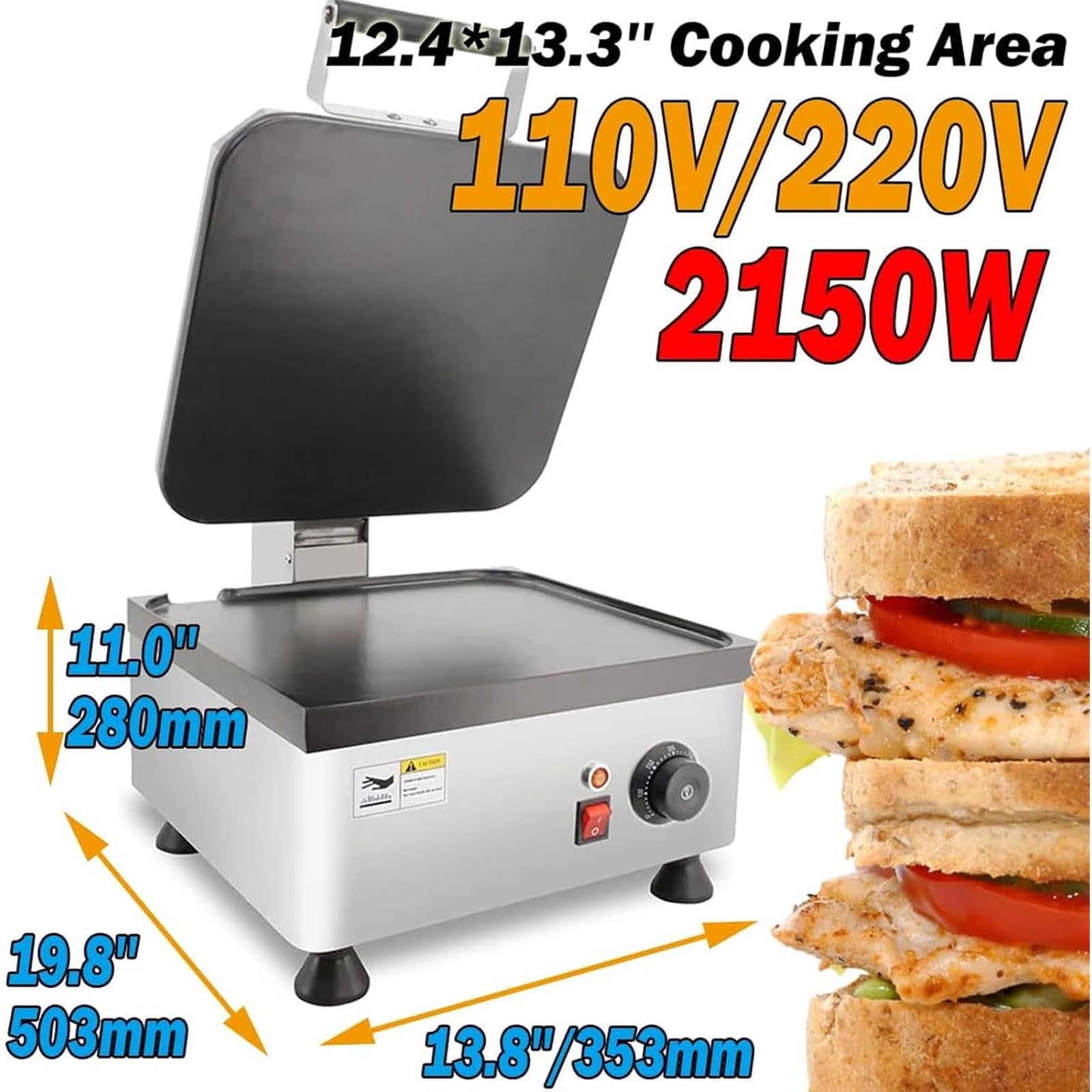 Machine à sandwich commerciale 2150 W, machine à panini portable en acier inoxydable avec contrôle de la température, revêtement antiadhésif, pour restaurants, snack-bars, food trucks, cafétérias