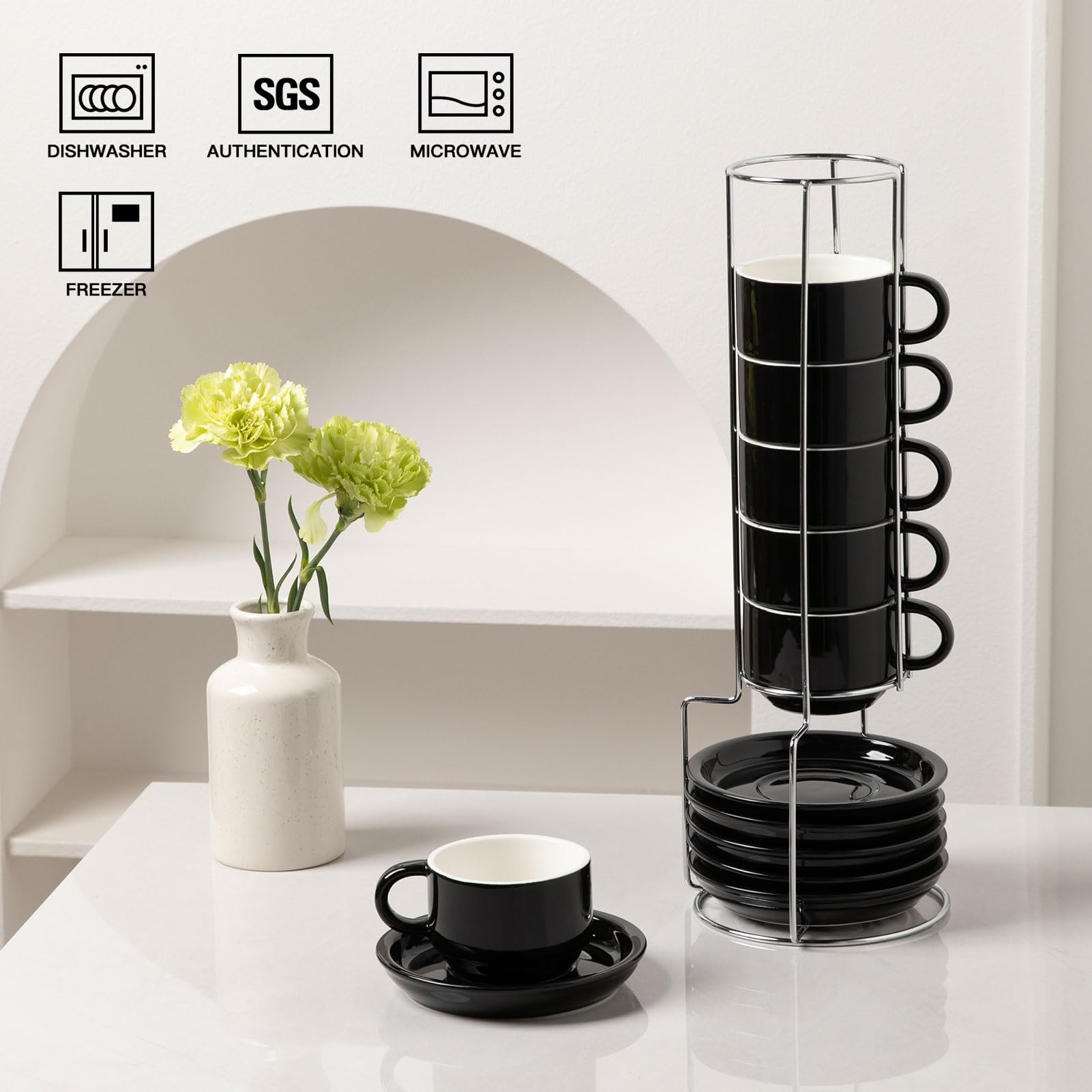Sweejar Espressotassen aus Keramik, 6er-Set, Espressotasse stapelbar, 118 ml, stapelbare Cappuccinotassen mit Untertassen und Metallständer für Kaffeegetränke, Americano, Latte, Tee (Schwarz)