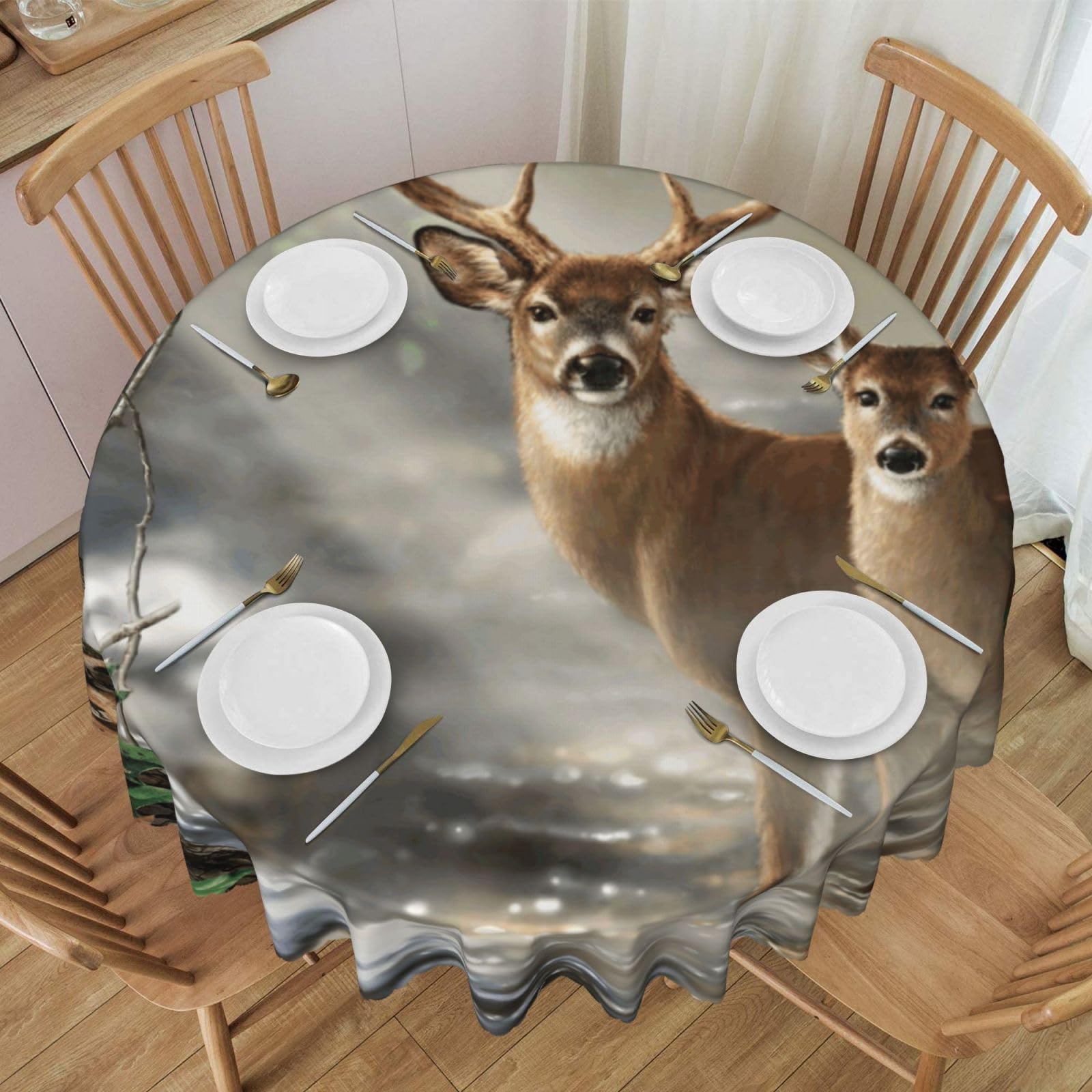 DCEHGEW 60 In Round Tablecloth with Lace, Camouflage Deer Printed Oilproof & Washable Fabric Picnic Table Cloth Table Covers