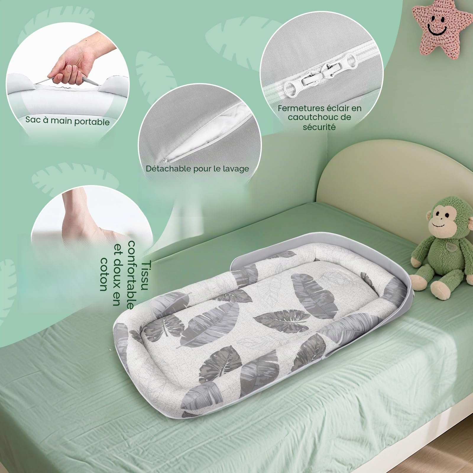 Baby Nest - Nid d'Éveil et de Sommeil pour Nouveau-Nés jusqu'à 24 Mois - Couchage Bébé Respirant & Portable Double Face, Léger & Lavable en Machine avec Sac de Transport-Pour Dormir, Jouer et Voyager