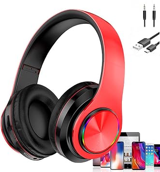 Bluetooth Headphones LED Lights, Colorful Wireless Over Ear Headset for Adult, Built-in Mic, HIFI Stereo Foldable Lightweight Wired Headphones, for Classroom, Home, Gift, Tablet, Adult, GameRed
