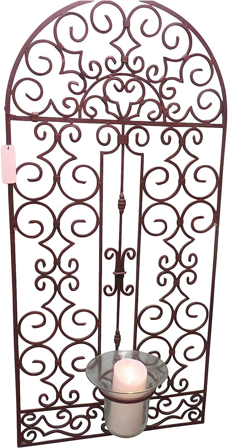 Large 50" Iron Gate Candle Sconce | Metal Indoor Outdoor Garden Ornate Old World