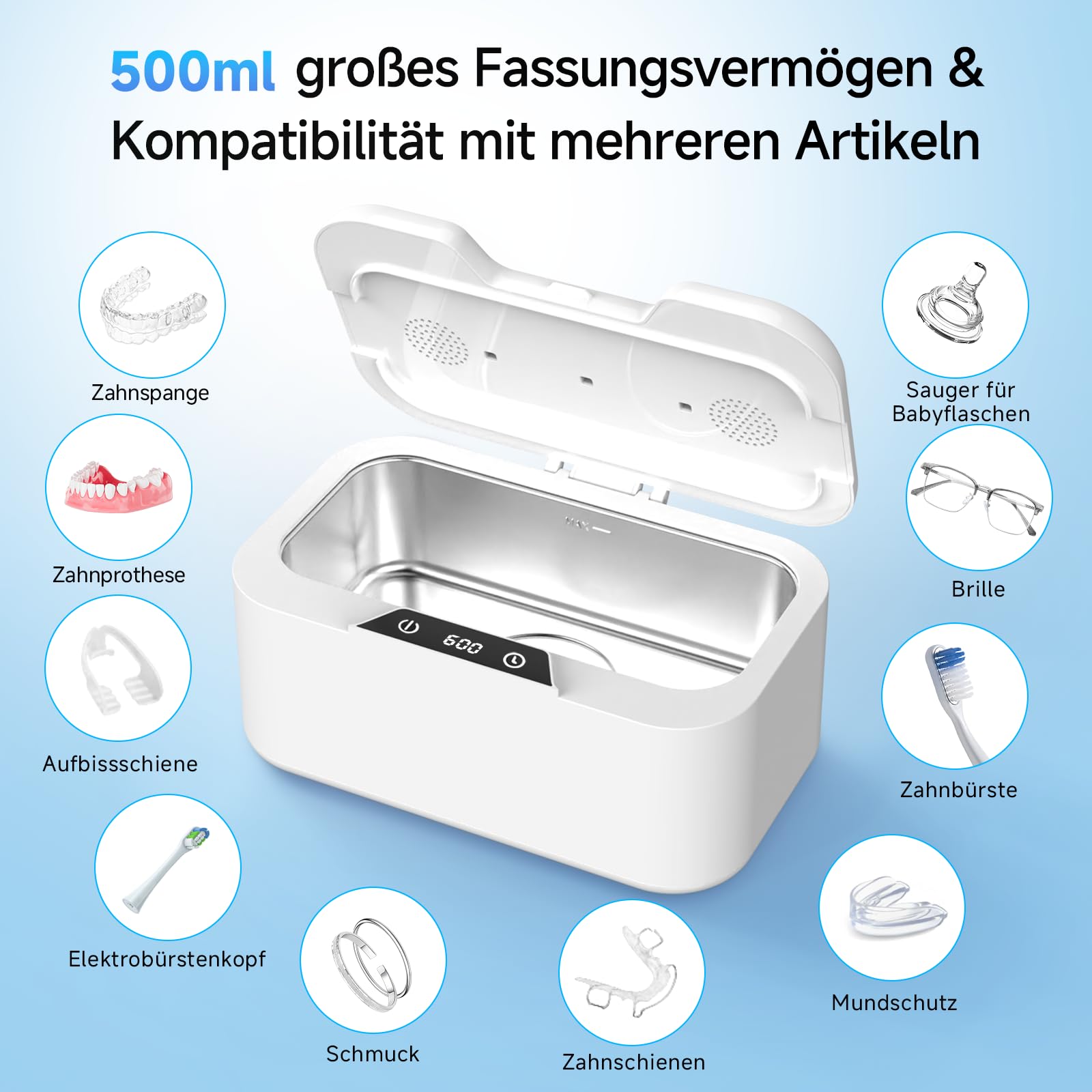 Ultraschallreinigungsgerät mit UV 500 ML, 45 kHz ultraschallreiniger 4 Timer-Modi, Ultrasonic Cleaner für Schmuck, Zahnersatz, Retainer, Aligner Zahnschiene und Prothesen