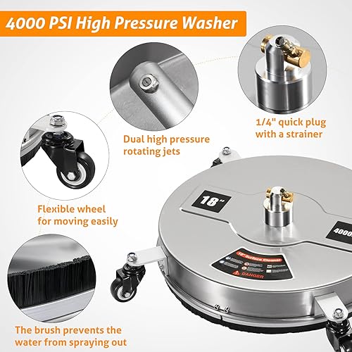 Miniatura 2 de WICHEMI Máquina de limpieza de vapor multiusos de alta temperatura de 1800 W + limpiador de superficies de lavado a presión de 18 pulgadas con 4