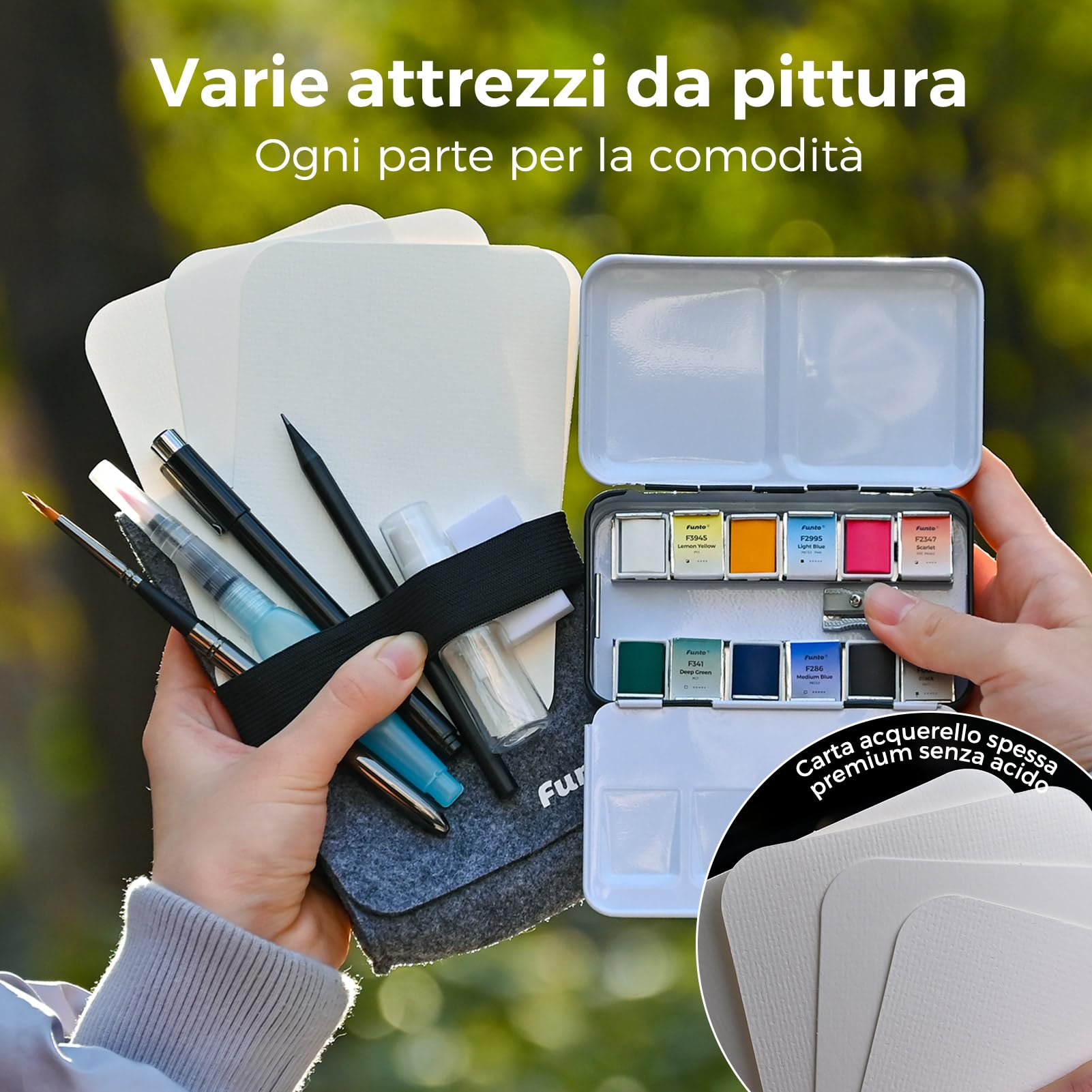 Funto Set da Viaggio Acquerello Premium - 12 Colori, 10 Cartoline, Pennello da Viaggio, Penna Pennello ad Acqua, Fineliner - Set di Pittura per Adulti