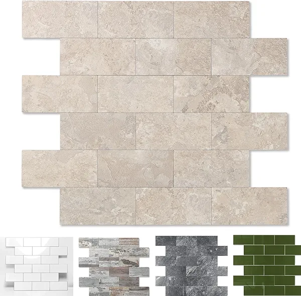 10-Pack Peel and Stick Tile Backsplash 12"X12" PVC Wall Tiles, Stick on Backsplash for Kitchen, Bathroom Tile, Fireplace Décor, Laundry Table, Stair Decals in Beige Ecru