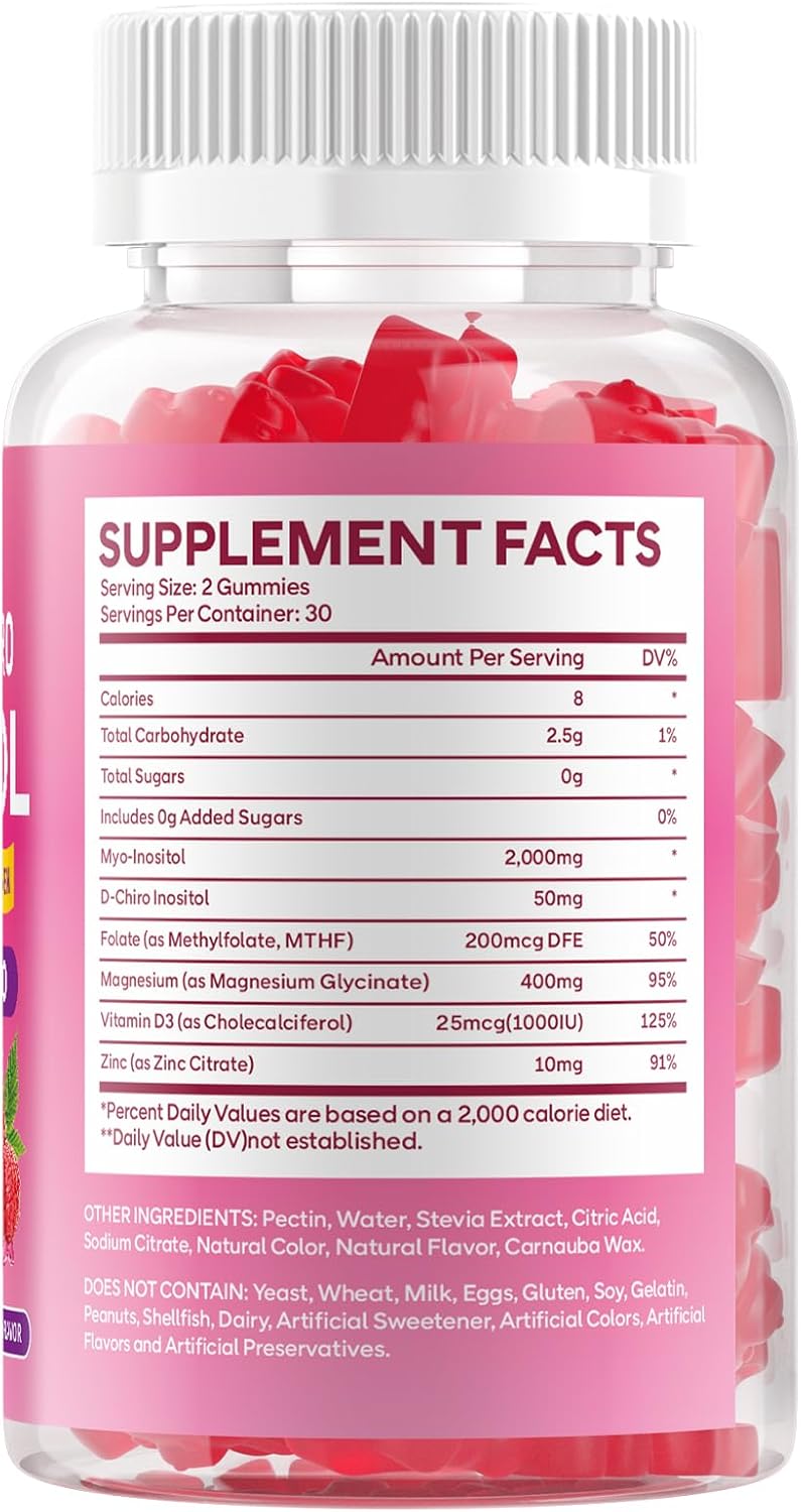 2 Pack Myo-Inositol & D-Chiro Inositol Gummies for Women 2000mg + 50mg Ideal 40:1 Ratio with Vitamin D3, Magnesium Glycinate, Folate & Zinc for Female, Raspberry Flavor, 120 Count
