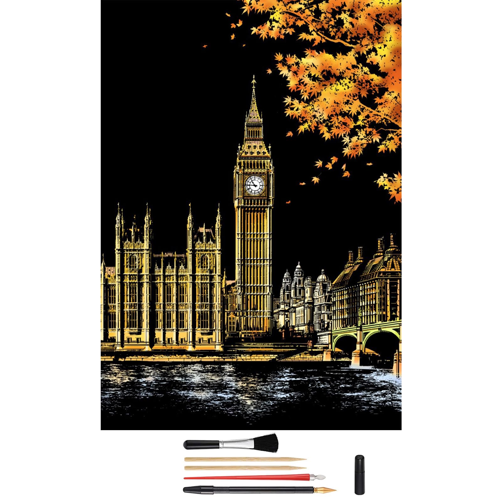 Rainbow Scratch Art Painting Paper, Rainbow Painting Night View Scratchboard, Handcrafted Nightscape Scratch Board, Night View Scratchboard Set, Creative Craft Art Set (London Big Ben)