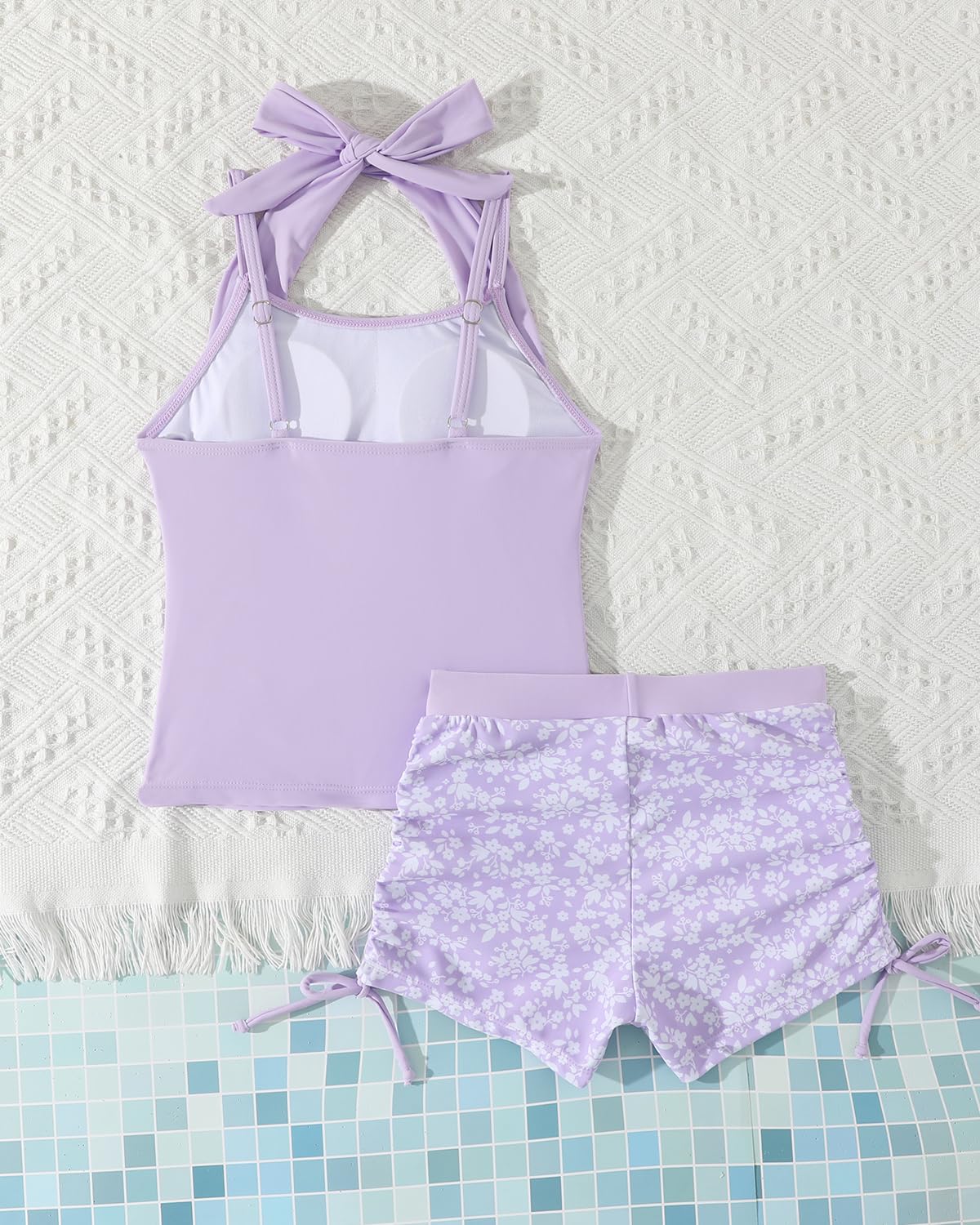 Costume da bagno da bambina con reggiseno imbottito, 7-15 anni, due pezzi con coulisse allacciato al collo, costume da bagno tankini con pantaloncini per bambini