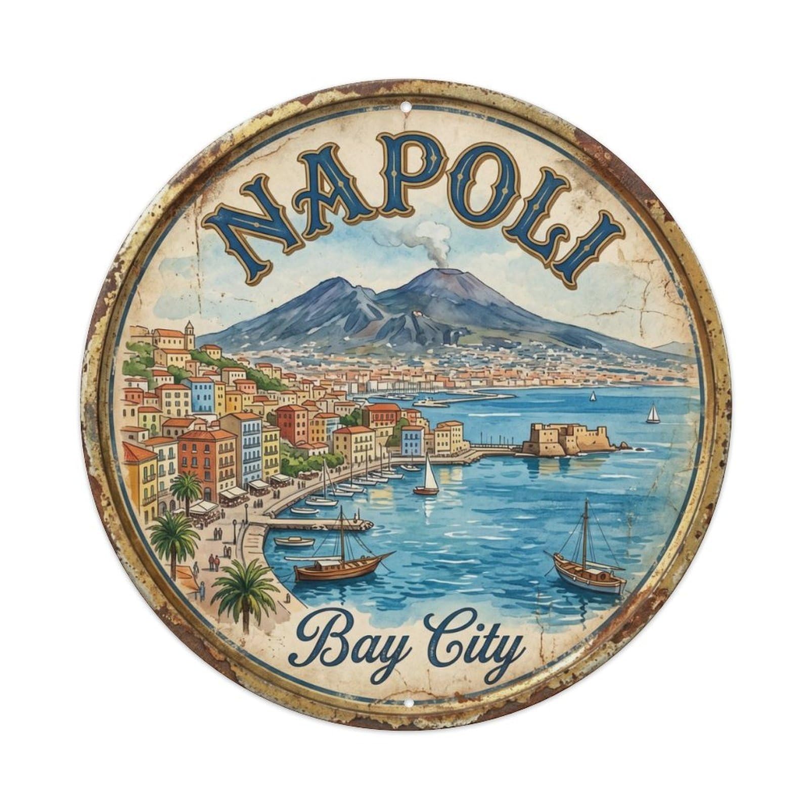 Vintage Travel Naples Vesuvius Bay Metal Tin Sign Plaque Wall Decor for Cafe, Club, Garden Round Metal Poster 8x8Inch