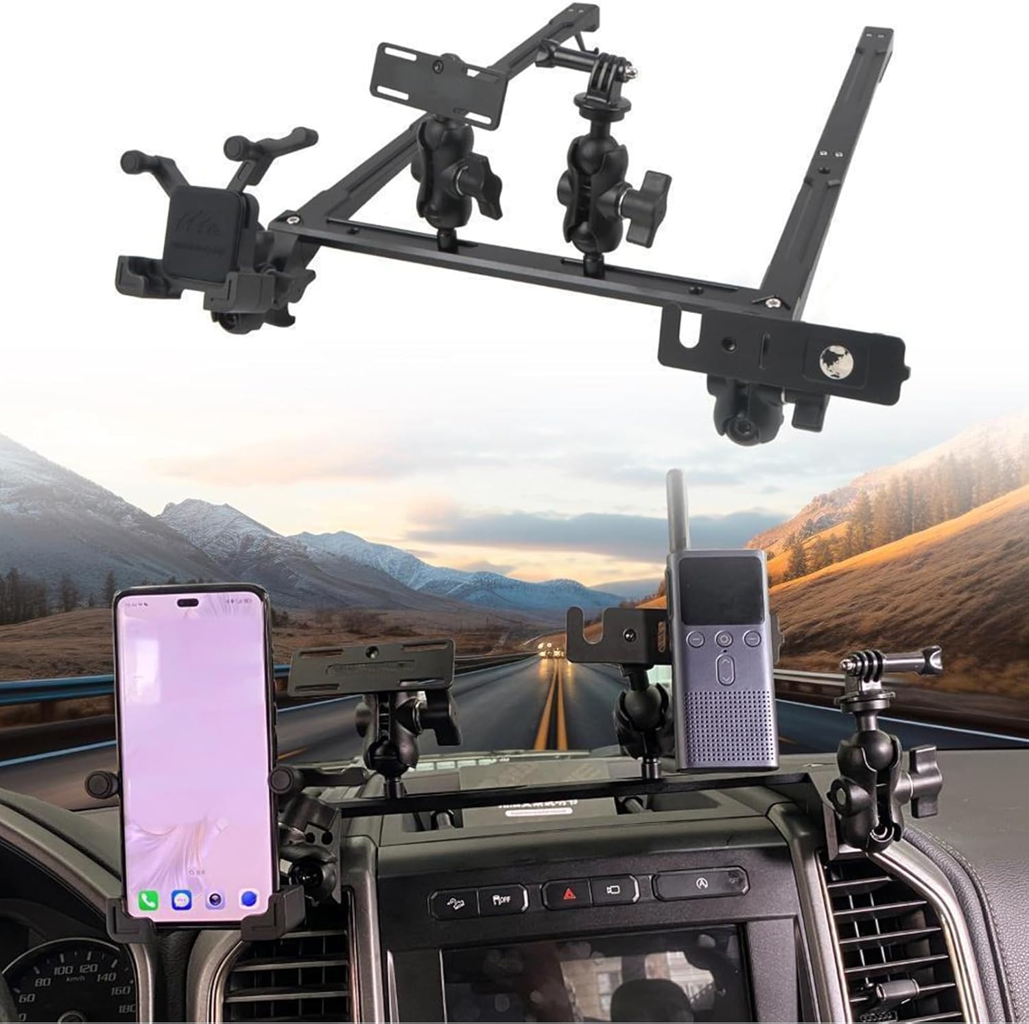 ITrims for Ford F-150 F150 2015-2020 Car Phone Holder Integrated Center Console Dash Mount Kit Multi-Device Radio Mount Walkie Talkie Bracket 4-in-1 Heavy-Duty Truck Organizer Holder Aluminum Alloy