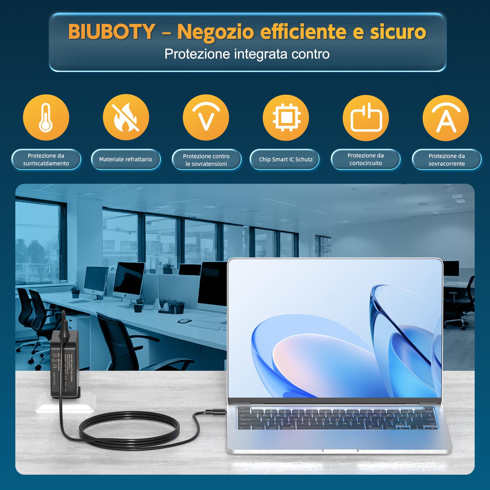 BIUBOTY Alimentatore USB C 65W 20V 3.25A Compatible con Macbook Pro/Air, HUAWEI Matebook, Lenovo Thinkpad Yoga, Xiaomi Air, HP ChromeBook, ASUS ZenBook caricatore per computer USB C