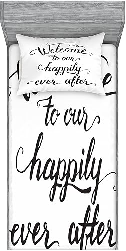 Ambesonne Saying Fitted Sheet & Pillow Sham Set, Vintage Fountain Pen Lettering Wedding Welcome to Our Happily Ever After, Decorative Printed 2